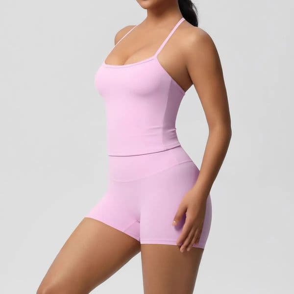 Yoga Gym Set Halter Top Set Yoga High Waist Shorts Set Backless Tights Bra Vest Seamless Stretch Ribbed Buttocks Lift Shorts Set 260403BJ