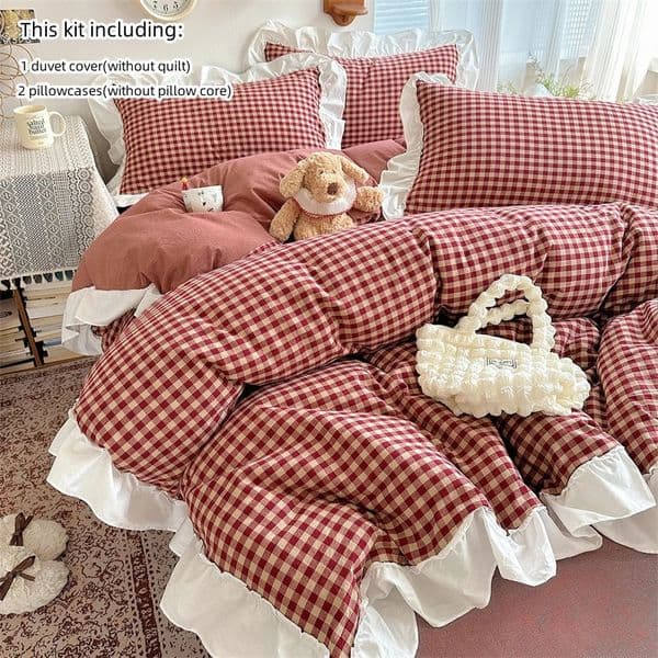 3pcs redblack plaid Duvet Cover Set 1Duvet Cover 2Pillowcase Without Core Lace embroidery Bedding Set 260402