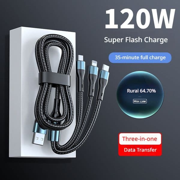 120W charger cable, woven data cable and three-in-one product, Tpyec, super-fast charging, for car use, can charge up to three devices at once, suitable for Huawei