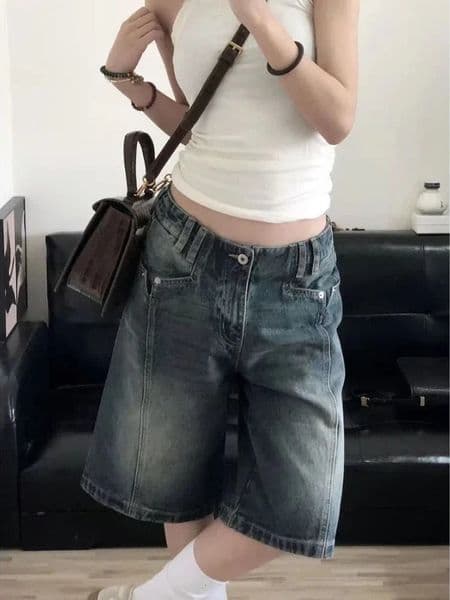 HOUZHOU Y2K Vintage Women Denim Shorts Baggy High Waist Korean Wide Leg Jorts Casual Oversize Washed Jeans Streetwear Summer 260330