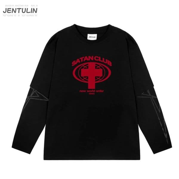 Harajuku Oversized Streetwear Mens Clothing SC Satan Club Graphic Print Hip Hop Tshirt Two Pieces Long Sleeve Top Goth Y2k 260403BJ