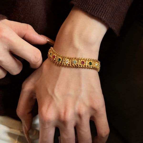 Ancient Style Multi-Treasure Bracelet Featuring Colorful Gemstone Watch Chain & Square Double-Layer Diamond Jewelry