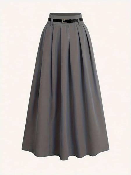 Ladies solid color versatile decorative belt high waist long pleated skirt flared 260403
