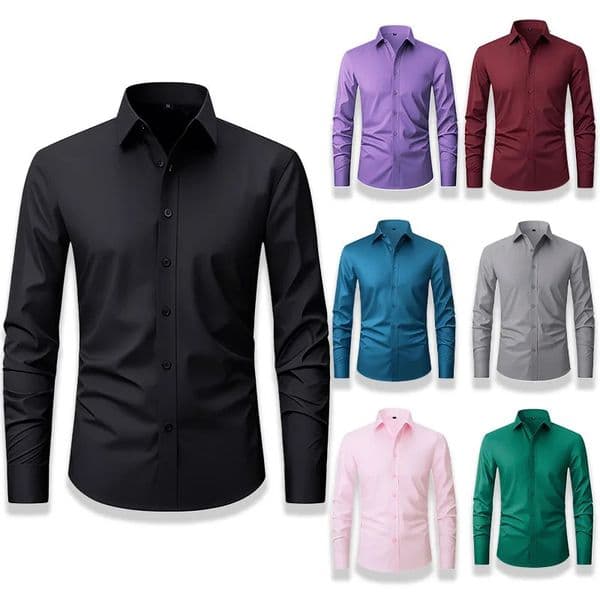 High Elasticity Fashion Comfortable Business Shirts For Men Long Sleeved Slim Fit Casual Solid Social Formal Dress Plain Blouses 260331