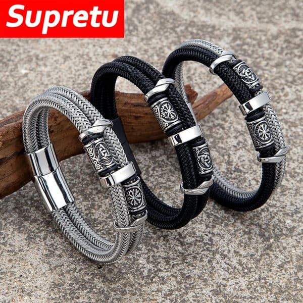 Vikings Runes Double-Layer Bracelet for Men Stainless Steel Wire Rope Norse Triquetra Bangle Vintage Scandinavian Jewelry Gifts 260403