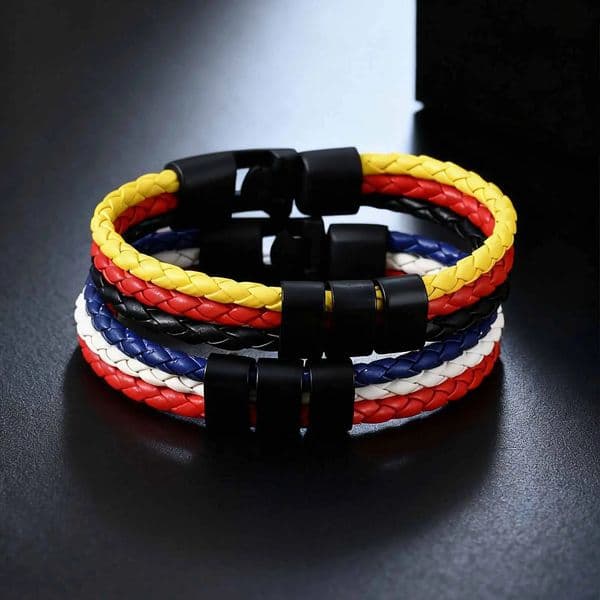 Customized Engrave Name Bracelet Personalized Germany France Flag Color PU Leather Wristband Bangle for Men Family Father 260427