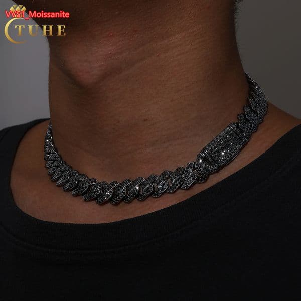Punk Hip Hop Jewelry Mens Black Gold Plated 14mm S925 Silver Black VVS Moissanite Diamond Iced Out Cuban Link Chain Necklace