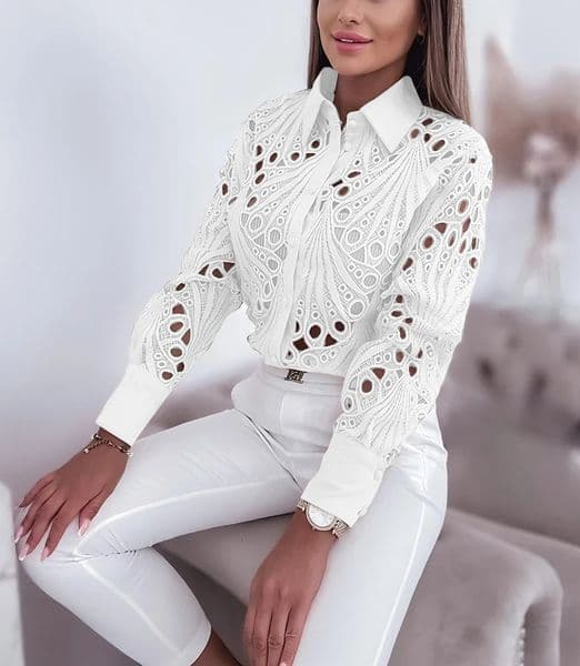 Womens Blouses Hollowed Out Long Sleeved Shirt Casual Solid Button Up With Lapel And Open Front Camisas Femininas 260330BANJIA