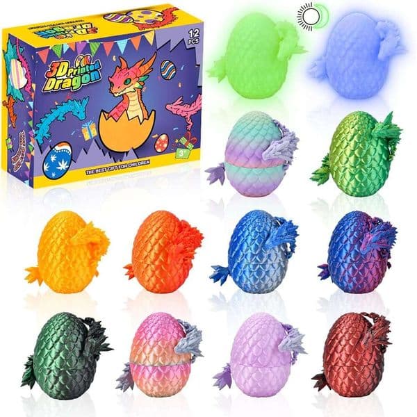 breibowski 12PCS 3D Printed Eggs Easter Basket Stuffers, Mystery Dragon Inside Egg, Articulated Fidget Toys Kids Birthday Party Favors, for Boys Girls 366