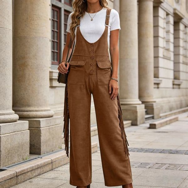 Women Vintage Tassels Suede Bodysuit American Retro Solid Suspender Straight Pants Spring Summer Sleeveless Overall Trousers 260403BJ