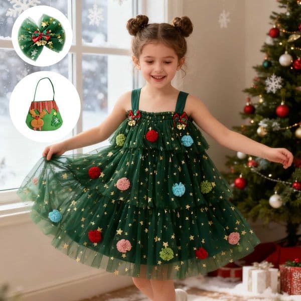 Baby Girls Tulle Layered Merry Christmas Tree Dress Kids Color Plush Ball Cake Skirt Christmas Style Party Costume Strap Dress L260406
