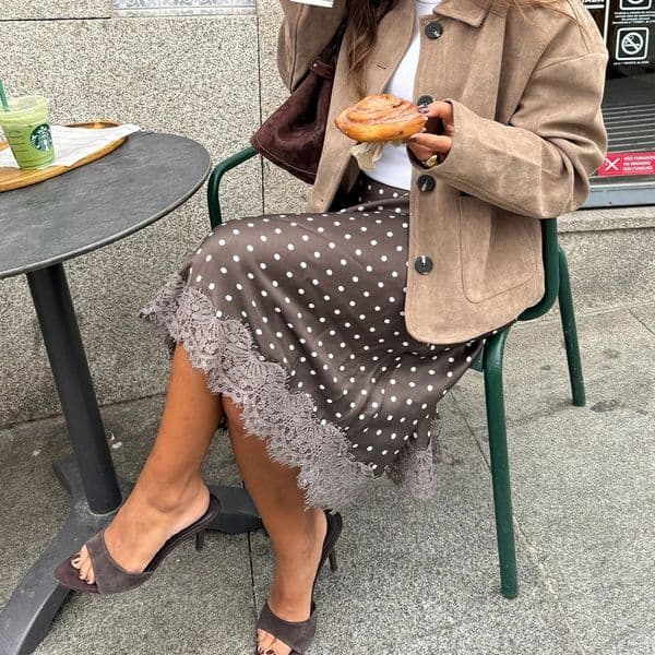 Retro Dots Print Casual Lace Long Skirts For Women Slim High Waist Patchwork Elegant Commute Clothes Female Midi Skirts 260403BJ