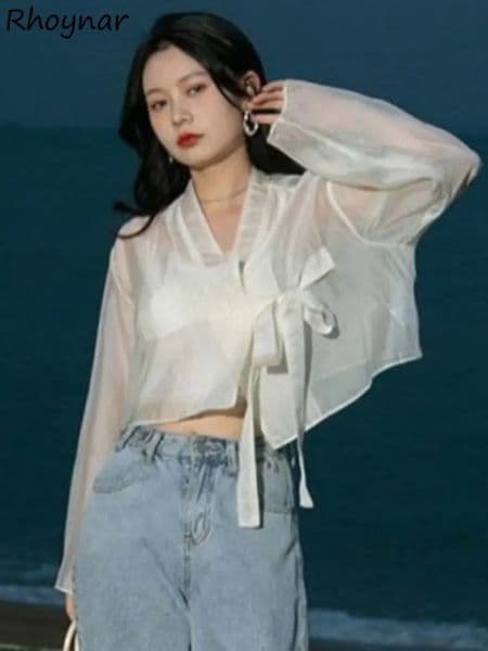 Shirt Summer Thin Laceup Sun Proof Elegant Females Holidays Korean Fashion Stylish Vintage Harajuku Students Leisure Ins 260330