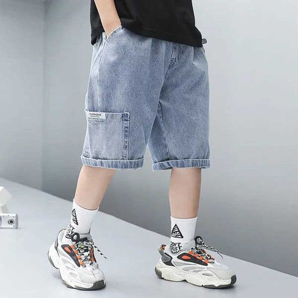 1pcs Summer Thin New Boys Denim Shorts Kids Solid Color Fashion Cool Pants Children Elastic Casual Pocket Five Quarter Shorts H260406