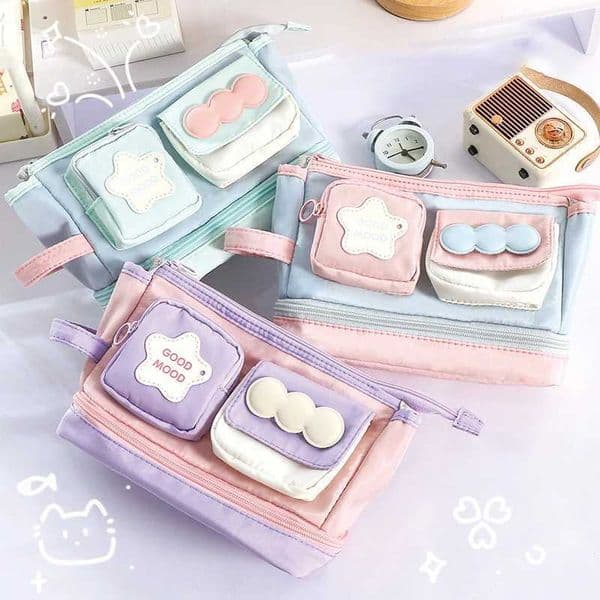 Large Capacity Pen Bag Kawaii Pencil Case Dopamine Color Block Stationery Ins Style Makeup Organizer Bag H260406