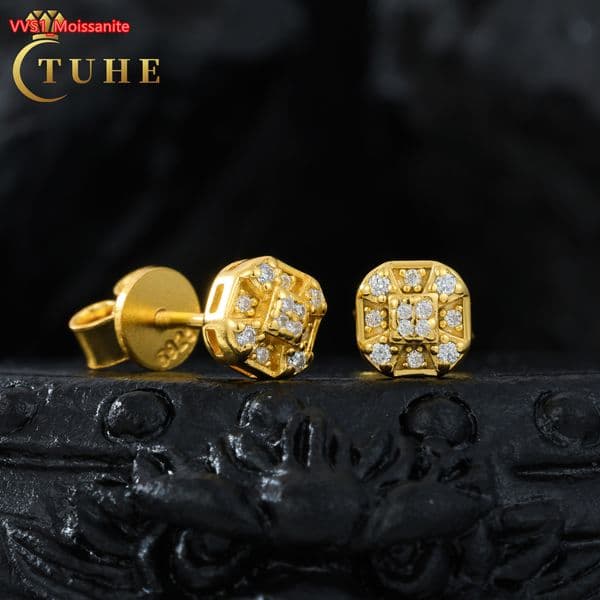 Jewelry Wholesale Men 18K Gold Plated 925 Sterling Silver VVS Moissanite Diamond Screw Back Geometric Stud Earring