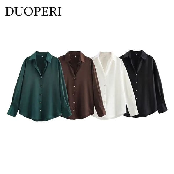 DUOPERI Women Fashion Satin Brown Blouse Lapel Neck Long Sleeves Vintage Female Chic Lady Shirts 260326