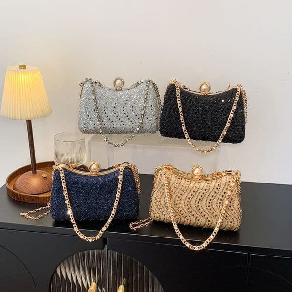 Free Shipping Gold Full Diamond Evening Bag Pearl Lock Buckle Chain Crossbody Bag Luxury Rhinestone Handheld Dress Clutch Purse