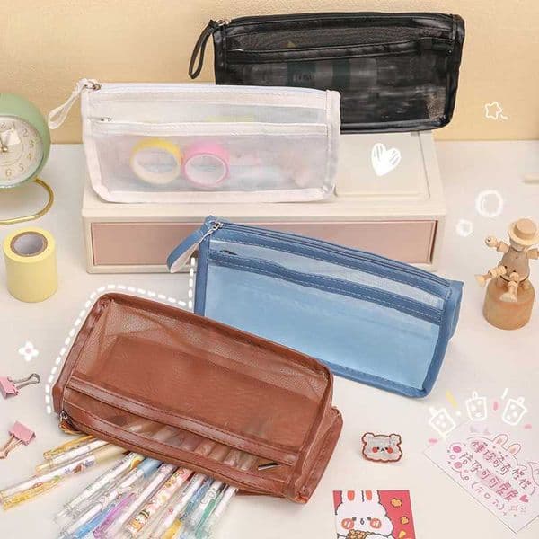 Simple Transparent Double Mesh Pencil Bag Student Gift Cute School Supplies Pen Case H260406