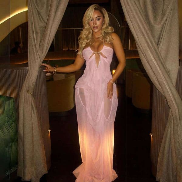 European and American style summer new Amazon pure desire mesh patchwork low-cut halter neck backless irregular dress