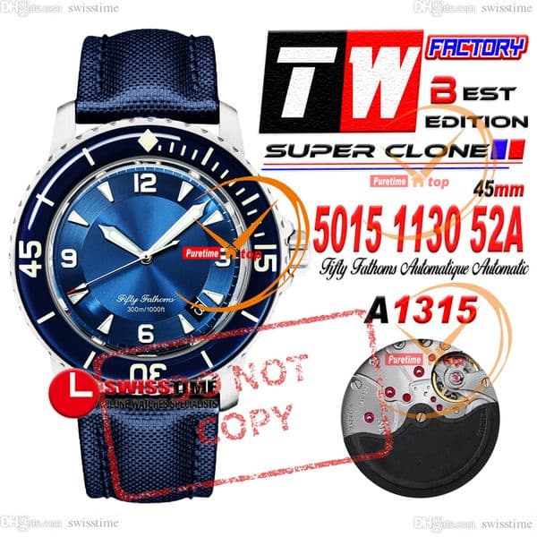 Fifty Fathoms Automatique 5015 M9015 Automatic Mens Watch TWF Steel Case Blue Dial Sail-Canvas Strap CHS Swisstime Miyota Watches Reloj Hombre Montre Hommes B2