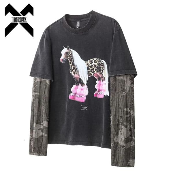 Fake Two-Piece Washed Long Sleeve T-Shirt Distressed Destroyed Vintage Tee Streetwear Layered Top Y2K 260403