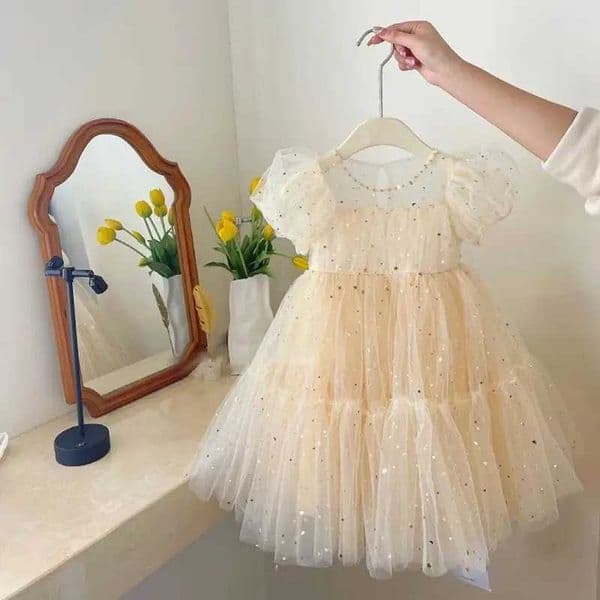 Summer Dresses Girls Elegant Dress Girl Baby Bubble Sleeve Mesh Sequin Dress Temperament Princess Party Short Sleeve Dress L260406