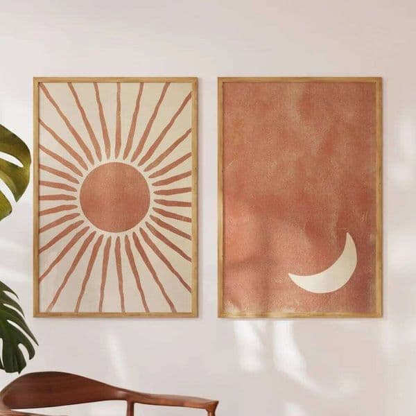 2pcs Frameless Neutral Wall Art, Celestial Sun and Moon Prints, Bohemian Eclecticism Home Decoration, Aesthetic Room Decoration 26H0406