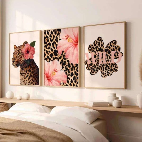 1/3pcs Funky Y2K Leopard Hibiscus Flower Pink Cheetah Canvas Print Poster Vintage Hawaiian Aloha Animal Art Prints Home Decor 26H0406