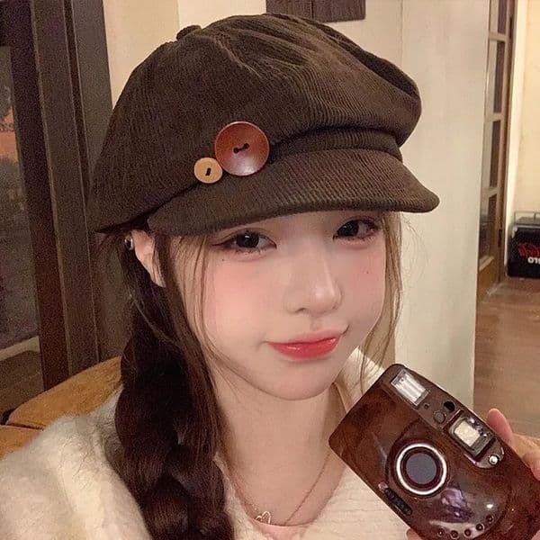 RICYGVM Retro Button Corduroy Octagonal Cap For Women Painter Artist Hat Japanese Girls Brown ed Caps Autumn Winter Berets 260403