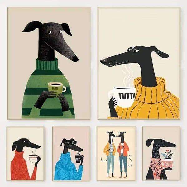 Winter-Themed Poster Print: Hound Wearing a Sweater Drinking Coffee Modern and Colorful Pet Dog Canvas Home Decor 26H0406