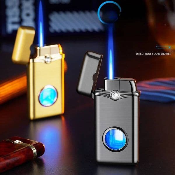 Metal Windproof Direct Spray Flame Lighter, LED Blue Light, Window, Butane Gas Smoking Accessories Men's Gift 2026 New
