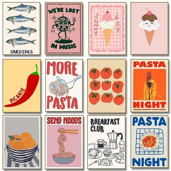 Ice Cream Pasta Tomato Breakfast Club Food Red Chili Pepper Illustration Poster Canvas Painting Print Wall Art Kitchen Decor 26H0406