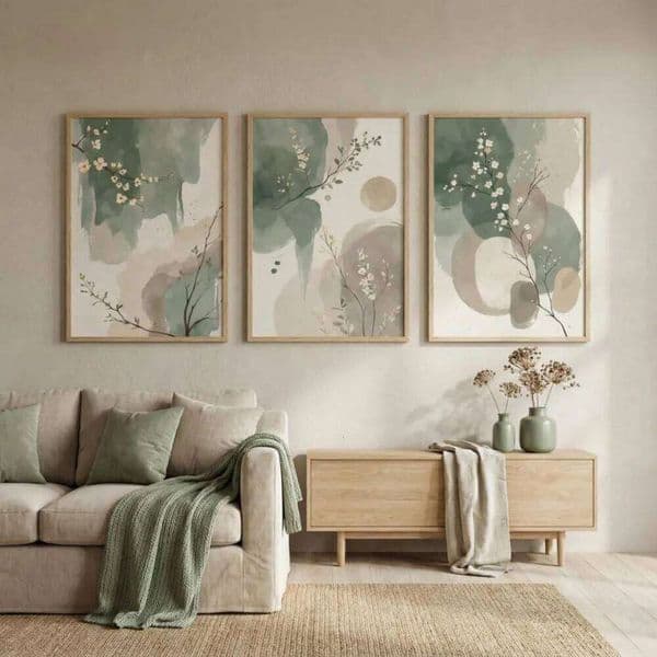 3pcs Frameless Japanese Plant Wall Art,Abstract Watercolor Leaves,Sage Green Beige Prints,Modern Zen Decor,Digital Download 26L0406
