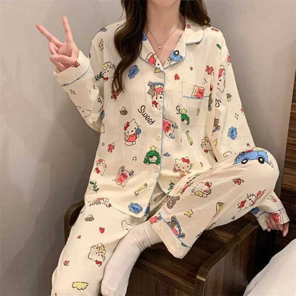 Hello Kitty Womens Spring Autumn Cloud Cotton Pajama Set Long Sleeve Pants Kawaii Sweet Cute Soft Comfy Home Loungewear Z260406
