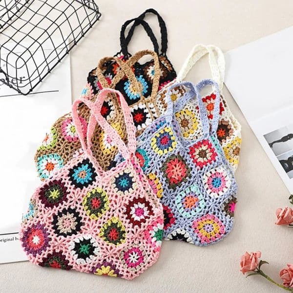 Large Capacity Fashion Cut-out Boho Tote Bag Trendy Floral Crochet Handmade Knitted Bag Vintage Multicolor Hollow Out Handbag 260403BJ