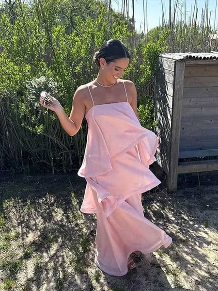 Women Pink Ruffled Sless Dress Sleeveless Backless Loose Long elegantrobes 2025 Lady Vacation Beach Party Evening Gown New J260406
