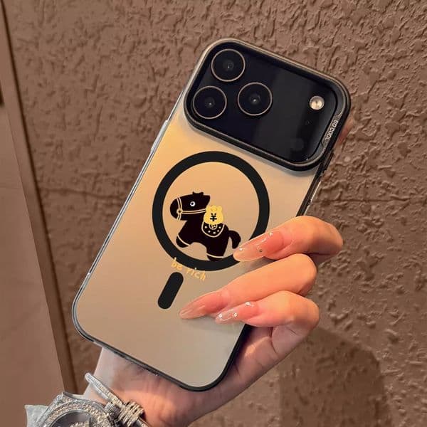 Designer Luxury Lucky Horse Phone Case For Iphone 17 15 14 Pro Max Cute Cartoon Be Rich Magnetic Protective Cover Trendy Black & Gold Case