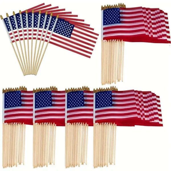 2026 New 100 Pack Small American On Sticks Mini Handheld US Flags Stick With Solid Wooden Pole Safety Spear Tip For Yard Memorial 4Th Of July Independence