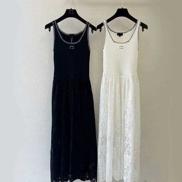 Basic & Casual Dresses Designer high end embroidered knit top with lace skirt French lady style U neck sleeveless tank dress TAE8