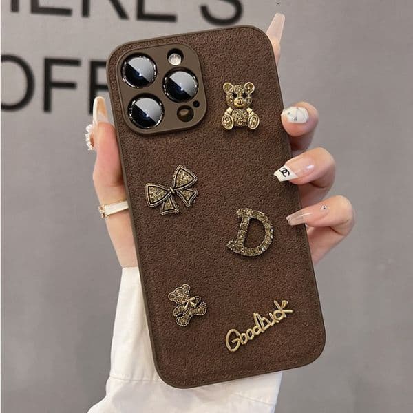 Suitable For Apple 15 Pro Max Phone Case New Autumn And Winter Model Iphone 14 Leather Texture Bear Design Popular Niche High-end