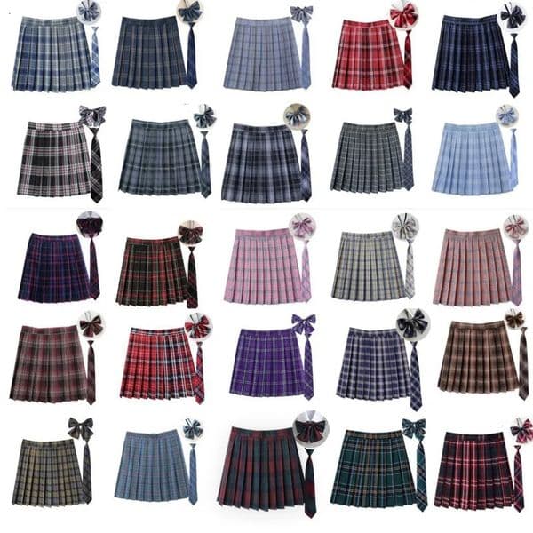 Women Summer Plaid Pleated Skirt With Necktie Bowtie Korean Jk Uniform Japanese School Preppy A Line Mini Skirts 260331