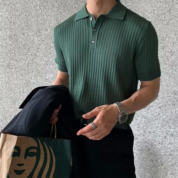 Korean Style Mens Summer Collar Solid Color Casual Thin Knitted Top Mens Fashionable Slim Fit Short Sleeved Shirt 260402