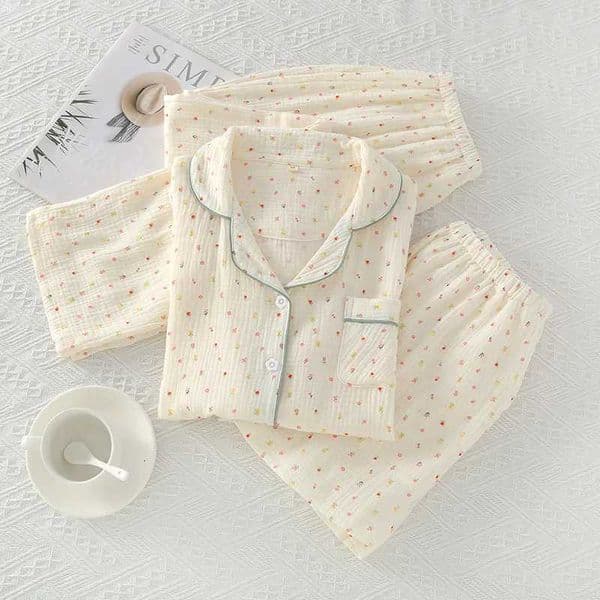 Pajamas pure cotton three-piece set spring and summer thin crepe autumn gauze lapel short-sleeved trousers shorts loungewear set Z260406