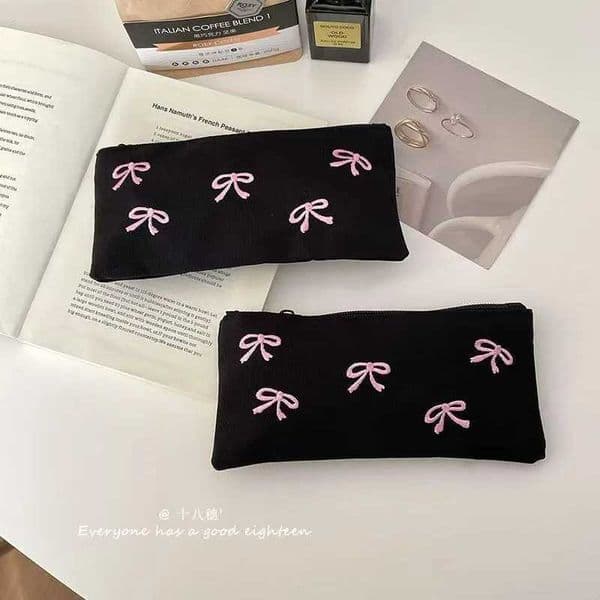 ins Japanese bow embroidery pencil bag high value girl student stationery makeup brush storage bag portable pencil bag H260406