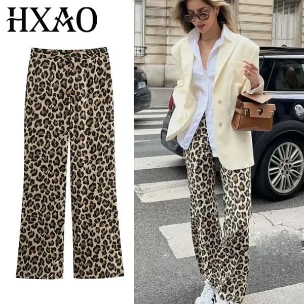 HXAO Womens Trousers Leopard Print Pants For Women Vintage High Waist Baggy Wide Pants Woman Streetwear Straight Long Pants 260403