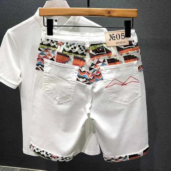 Summer Denim Shorts Mens Stitching Embroidery Ripped Kneelength Shorts White Black Retro Blue Fashion High Quality Jeans 260407