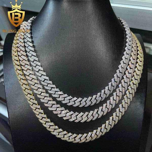 Wholesale 12mm Rock Jewelry Two Tone Miami Iced Out Cuban Link Chain Moissanite in S925 Silver Gold for Bracelets Necklace