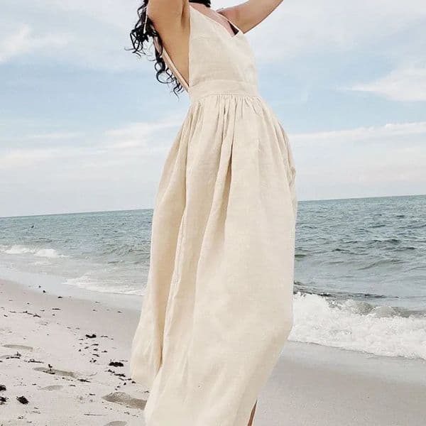 Sleeveless Backless Long Dresses Women Summer Sexy Elegant VNeck Solid Chic Holiday Beach Vintage Female Party Vestidos 260407BJ