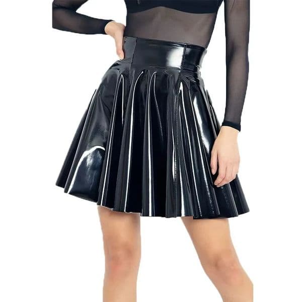 Womens Plus Size Pleated Skirt PU Shiny Patent Faux Leather Elegant Solid Mini Umbrella Trendy Cute Aline 260331